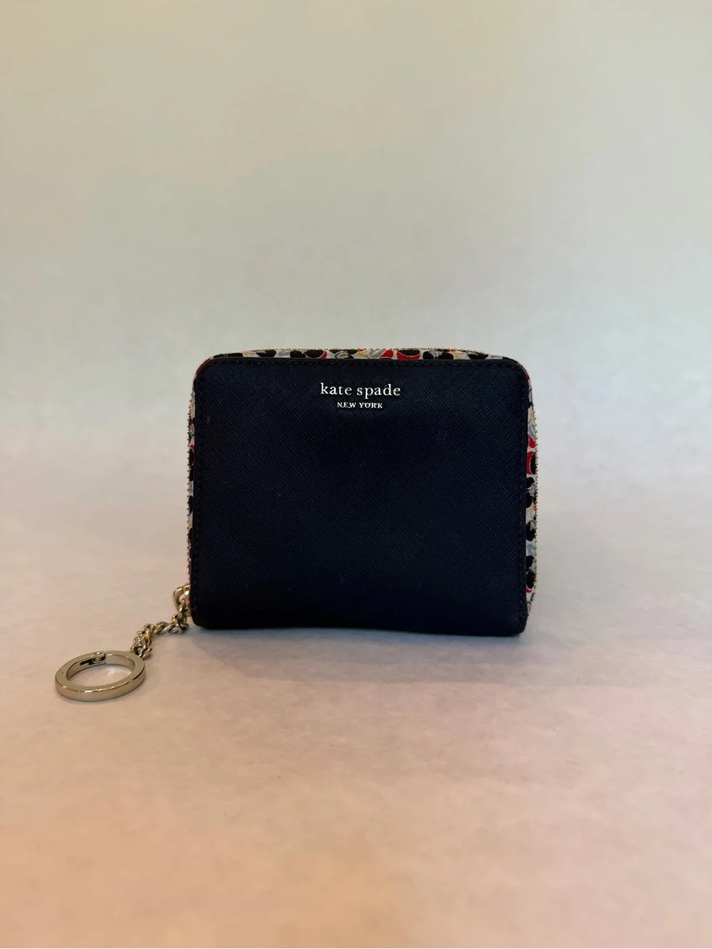 Kate Spade Navy Floral-Trim Zip Card Case with Key Ring